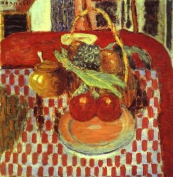 Pierre Bonnard : Basket and Plate of Fruit on a Red-Checkered Tablecloth